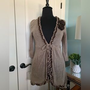 Women’s Full-Length Cardigan, Tie-Front, Lightweight, Ruffle, 3/4 Sleeve, M/L